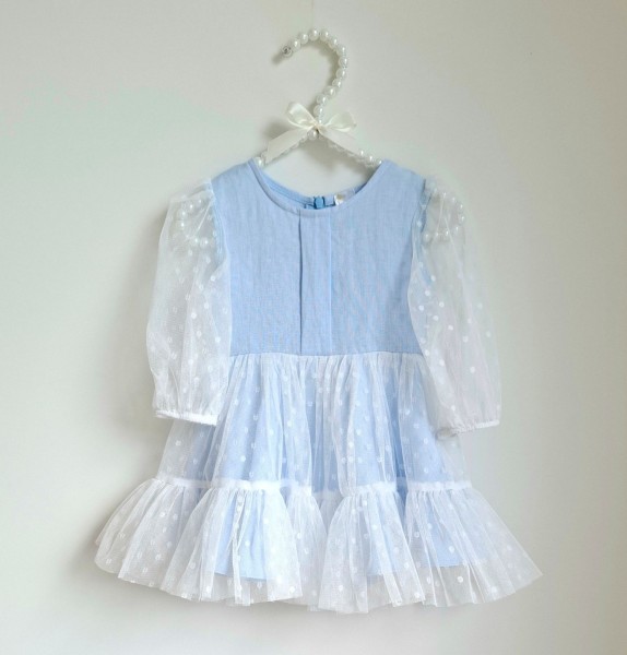 Lininė suknelė ADRIJA su rankovėmis melsva