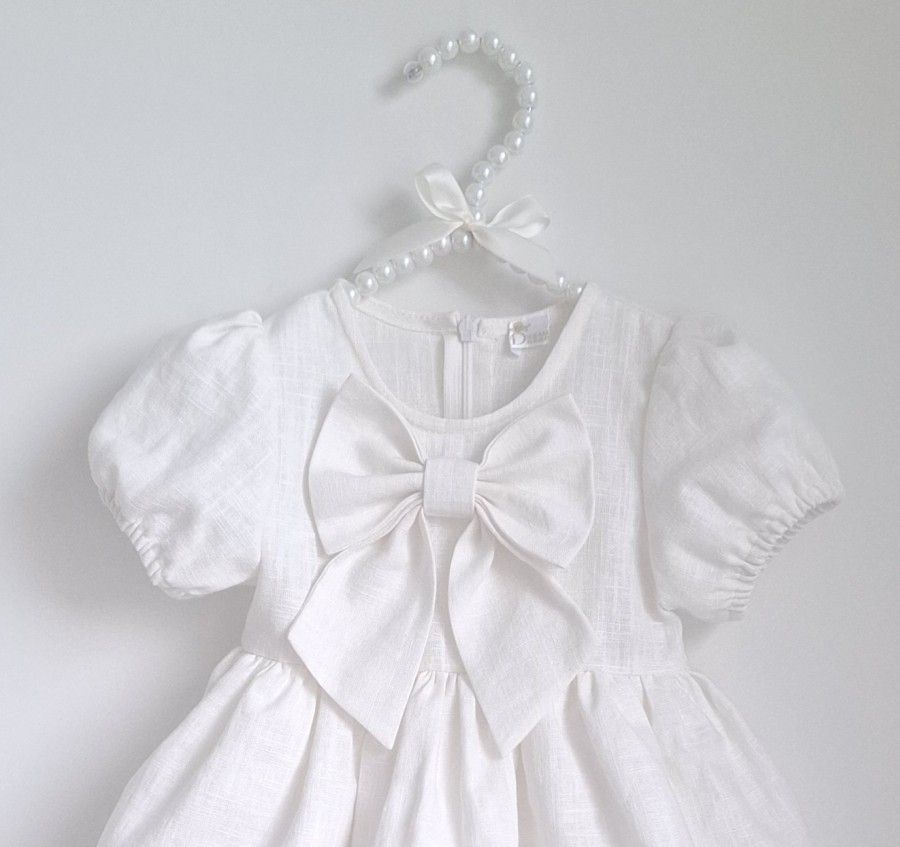 Lininė suknelė AMELIJA balta trumpomis rankovėmis