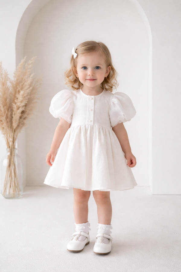 Lininė suknelė SMILGA su organzos rankovėmis ir kaspinu