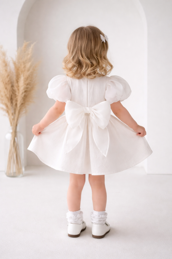 Lininė suknelė SMILGA su organzos rankovėmis ir kaspinu